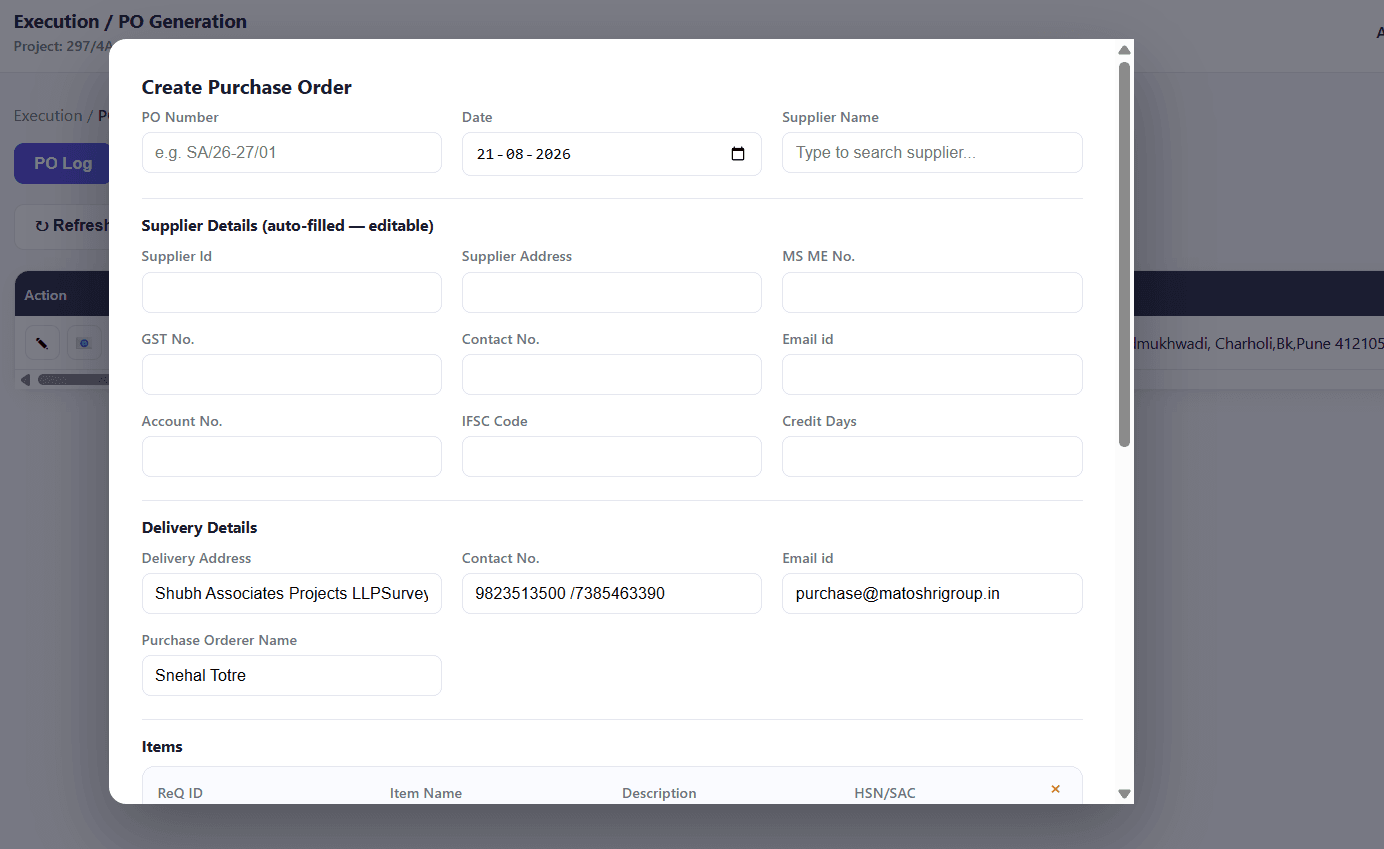 Shitala — purchase orders, auto-filled